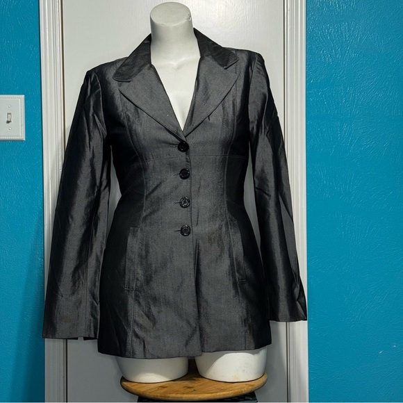 BEBE Dark Metallic Gray Women’s Long 4 Button Blazer 10 *as is - Picture 1 of 16